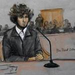 Boston Marathon bombing suspect Dzhokhar Tsarnaev was depicted in a courtroom sketch attending a pre-trial hearing last week.